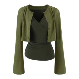 Korean style olive green cropped cardigan and V-neck camisole set, elegant bell sleeves.