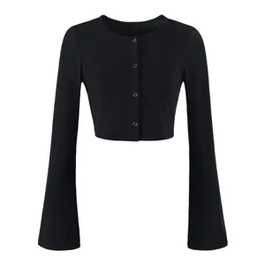 Women's black cropped cardigan with crew neck and stylish flare long sleeves top fashion