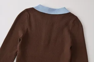 Detail view of brown long sleeve ribbed knit sweater with contrast light blue polo collar.