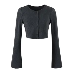 Dark grey knit cardigan detail featuring round neck, button front and trendy bell long sleeves.