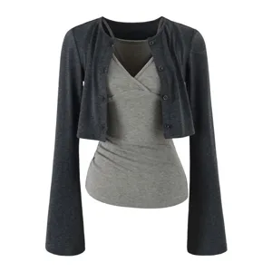 Korean style grey knit cardigan with flare sleeves and matching V-neck camisole top detail.