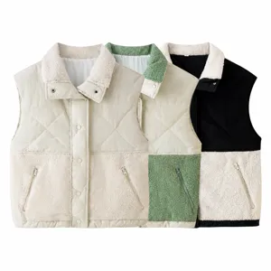 Gilet da Donna Casual Invernale con Revers in Lana di Agnello Giacca Smanicata Trapuntata Capospalla