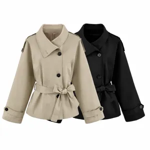 Women Casual Solid Color Lapel Single Breasted Long Sleeve Short Trench Coat Loose Belted Chic Fashion Outerwear