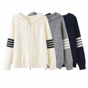 Cardigan con Cappuccio in Maglia Casual da Donna Manica Lunga Blocco di Colore Giacca Maglione con Zip Moda Autunnale