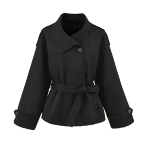 Women's black short trench coat with lapel button closure and waist belt for daily chic stylish wear.
