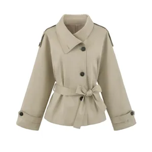 Women's short beige trench coat with lapel collar, long sleeves, and belted waist design.