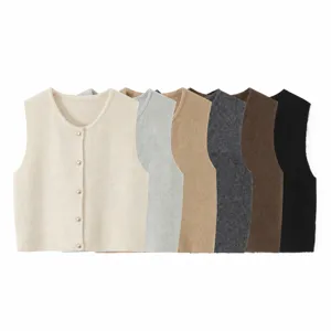 Women Casual Knit Vest Cardigan Solid Color Single-Breasted Crew Neck Sleeveless Sweater Top Elegant Commuter Fashion