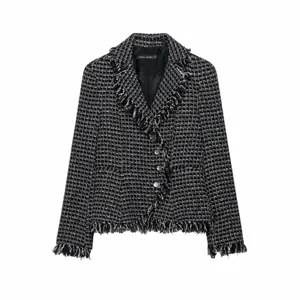Women's Vintage Tweed Blazer Jacket Long Sleeve Single Breasted Lapel Fringe Trim Casual Outerwear