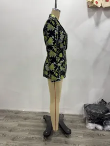Women black green floral jacquard blazer jacket with metal buttons elegant commuter style top