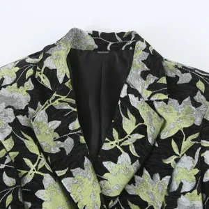 Women Floral Jacquard Suit Blazer Elegant Commuting Jacket Black Green Silver