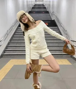 Women knit sweater and shorts set off shoulder cable knit cozy chic outfit for winter