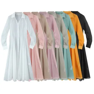 Elegant long sleeve sheer button down shirt dress in multiple vibrant colors for women.