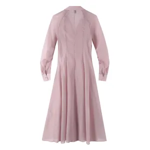 Pink sheer texture long sleeve V-neck shirt dress, elegant casual commuter fashion wear.