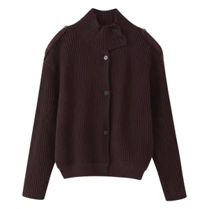 Elegant women's high collar ribbed knit cardigan sweater dark brown winter outerwear