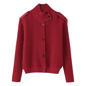 Red ribbed knit high neck cardigan sweater with black buttons and stylish shoulder epaulets.