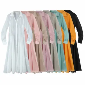 Women's Long Sleeve V-Neck Single-Breasted Solid Color Sheer Texture Shirt Dress Casual Commute Long Dress