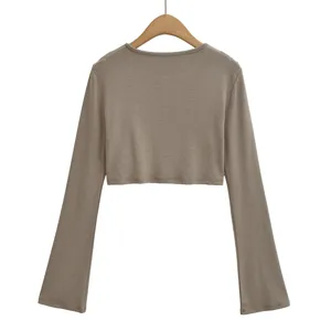 Einfarbiges langärmliges Crop-Top schmale Passform lässiges Damen-Basic-Shirt minimalistischer Stil