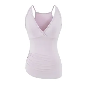 Damen V-Ausschnitt schmale Passform Camisole gerafftes lässiges Tanktop violett Detail