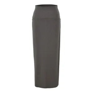 Grauer Maxirock mit hoher Taille Detailansicht, eleganter langer Bleistiftrock Stoff.