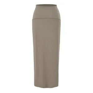Eleganter hochgeschnittener langer gerader Rock in Khaki, schmaler Maxirock für Damen Alltag.