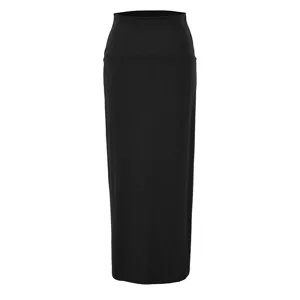 Schwarzer, hochgeschnittener gerader Midirock Detailansicht, schlanke Silhouette.