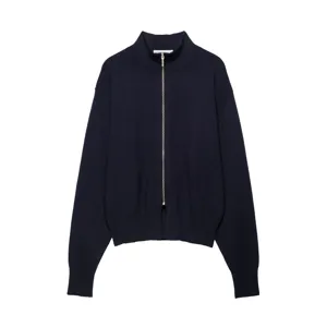 Women's mock neck zip knit cardigan in deep navy blue, featuring long sleeves and ribbed hem.