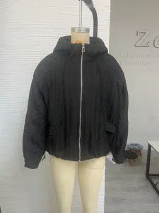 Women black quilted hooded jacket winter casual zip up warm outerwear fashion coat