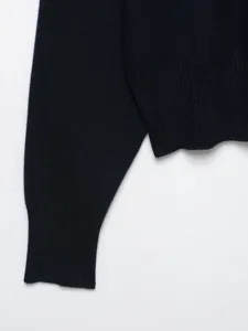 Detailed close-up of dark blue knitted sleeve cuff and ribbed hem, soft texture fabric.
