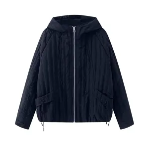 Detailed view of women black hooded quilted cotton jacket zipper loose casual outerwear wear.