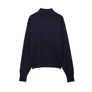 Dark blue mock neck knit sweater detail, close-up of soft ribbed cuff and high collar design.