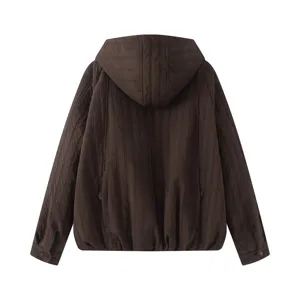 Women brown hooded quilted cotton jacket casual loose winter coat with vertical stitching.
