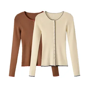 Cardigan de punto acanalado de manga larga y cuello redondo con ribete en contraste mujer