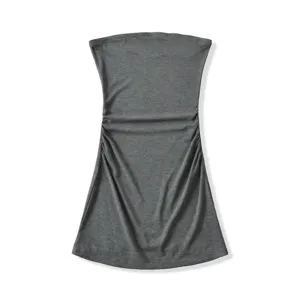 Dark grey strapless tube top detail, featuring slim fit, ruched sides, and clean hemline design.