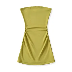 Olive green strapless tube top detail, featuring stylish side ruching and a sleek fit.