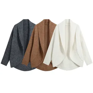 Gilet En Maille Ample Pour Femmes Ouvert Sur Le Devant Col à Revers Ourlet Irrégulier Manches Longues Mi-Long En Polyester Pulls Décontractés Top