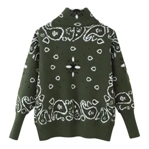 Dark green knit cardigan featuring a stylish paisley pattern, stand collar and long sleeves.