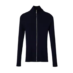 Cardigan de punto acanalado ajustado para mujer manga larga cuello cisne azul marino