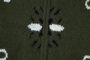 Detailed view of dark green knit cardigan sweater featuring intricate contrast intarsia knit pattern.