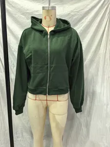 Dark green zip-up hoodie for women, featuring an attached hood, full front zipper, and pockets.