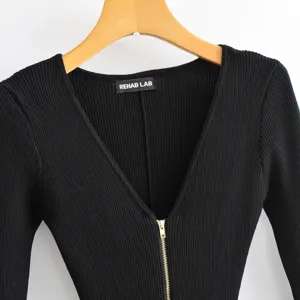 Women's Sexy V-Neck Half Zipper Long Sleeve Ribbed Knit Jumpsuit Slim Fit Casual Solid Color Flared Pants Romper