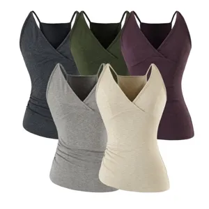 Women v-neck pleated camisole detail, slim fit crossover strap tank top, multi-color set.
