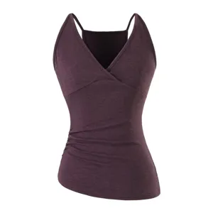 Dark purple V-neck camisole with ruched side detail, elegant slim fit women tank top.