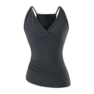 Dark grey V-neck ruched camisole top detail view, slim fit styling, soft fabric texture.