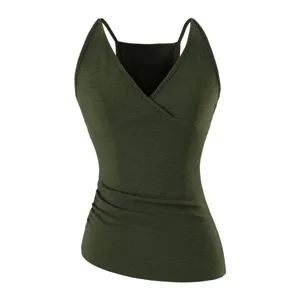 Dark green V-neck camisole with side ruching detail, sleeveless slim fit design shot.