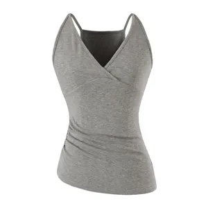 Grey v-neck crossover ruched camisole women slim fit casual sleeveless basic tank top