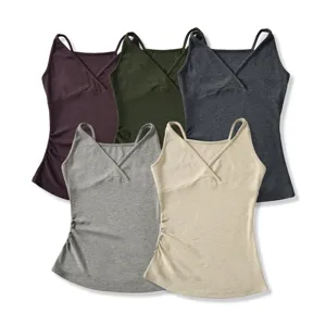 Women's V-neck crossover camisole set, slim fit ruched tank tops in multi colors.