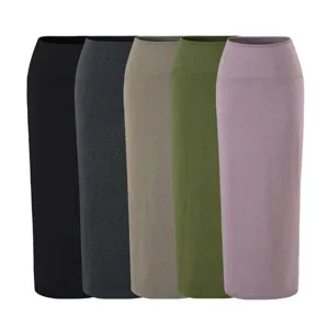 Detailed view of the slim-fit high-waist maxi skirts in five versatile solid colors.