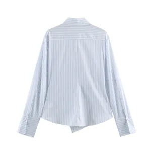 Women's classic blue and white striped long sleeve button-up shirt with chic asymmetric hem.