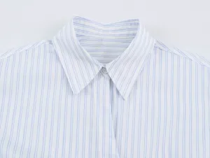 Blue and white striped shirt collar detail close up womens top minimalist design view