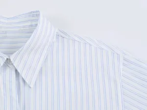 Blue and white striped shirt detail view showing classic collar and button placket design.